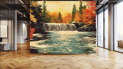 Calm and colorful autumn woodland scene with a waterfall and swirling leaves on the water s surface Wall mural