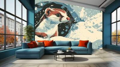 Close up illustration of a short tailed weasel in a snowy setting blending into its winter coat while peeking from behind a snowbank Wall mural