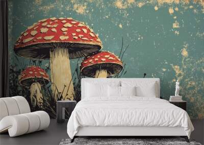 Cute wooden mushroom boletus among lush grass Wall mural