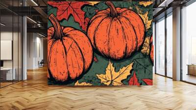 Doodle inspired illustration of textured pumpkins and leaves for coloring Wall mural