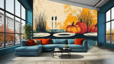 Elegant autumn table setting with pumpkins and decorative grass Wall mural