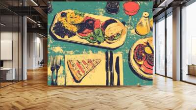 Festive table setting illustration featuring healthy vegan dishes sandwiches and wine for various celebrations Wall mural