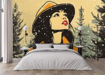 Line art of a young adult woman wearing a hat and a yellow jacket enjoying the fresh air in a winter forest Wall mural