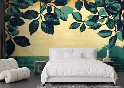 Outline illustration of delicate green tree leaves near a tranquil body of water Wall mural