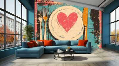 Plate with a napkin and a heart design on a background celebration theme Wall mural