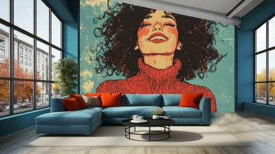 Playful retro illustration of a young woman with curly hair exuding joy in a cozy sweater Wall mural