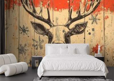 Retro Christmas composition featuring a decorative metal reindeer gifts and a wooden backdrop Wall mural