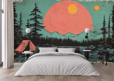 Retro coloring book illustration of a cozy campsite featuring a tent and nature elements for relaxation Wall mural