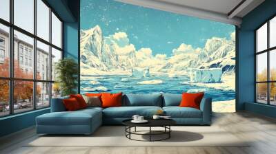 Retro coloring book illustration of a polar ocean landscape featuring icebergs and glaciers amidst snow covered ice water Depicts a cold winter scene in an arctic environment with a bright blue sk Wall mural