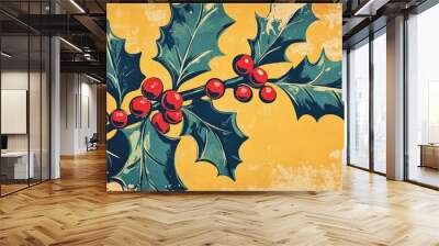 Retro coloring illustration of a Holly branch a festive plant often confused with mistletoe Wall mural