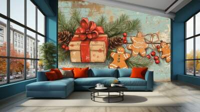 Retro illustration featuring holiday decorations with evergreen branches gingerbread cookies and a gift box on a wooden surface designed with space for personal messages Wall mural