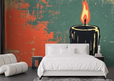 Retro illustration of a black candle with a flame and dripping wax Wall mural