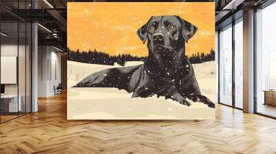 Retro illustration of a Black lab resting in a snowy landscape Wall mural