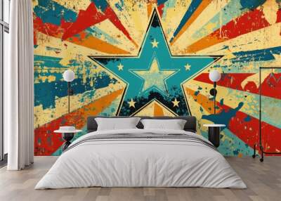 Retro illustration of a blue star symbol with decorative elements and banners Wall mural