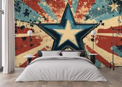 Retro illustration of a blue star symbol with decorative elements and banners Wall mural