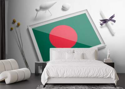 Bangladesh flag in wooden frame on table. White natural soft concept, national celebration theme. Wall mural