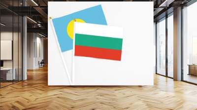 Bulgaria and Palau stick flags on white background. High quality fabric, miniature national flag. Peaceful global concept.White floor for copy space. Wall mural