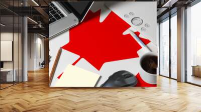 Canada national flag on top view work space of creative designer with laptop, computer keyboard, usb drive, graphic tablet, coffee cup, mouse on wooden table. Wall mural