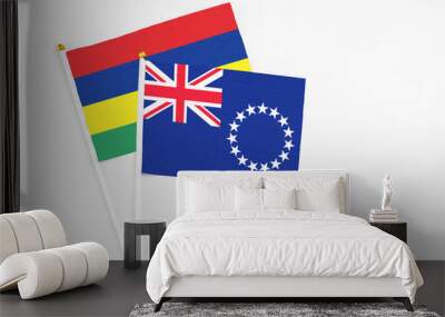 Cook Islands and Mauritius stick flags on white background. High quality fabric, miniature national flag. Peaceful global concept.White floor for copy space. Wall mural