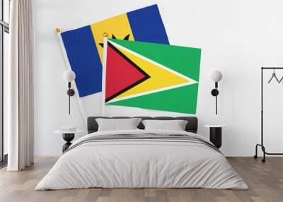 Guyana and Barbados stick flags on white background. High quality fabric, miniature national flag. Peaceful global concept.White floor for copy space. Wall mural