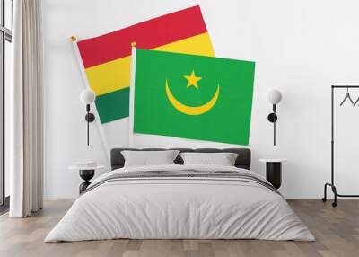 Mauritania and Ghana stick flags on white background. High quality fabric, miniature national flag. Peaceful global concept.White floor for copy space. Wall mural