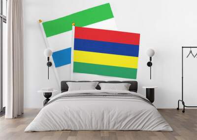 Mauritius and Sierra Leone stick flags on white background. High quality fabric, miniature national flag. Peaceful global concept.White floor for copy space. Wall mural