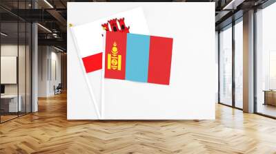 Mongolia and Gibraltar stick flags on white background. High quality fabric, miniature national flag. Peaceful global concept.White floor for copy space. Wall mural