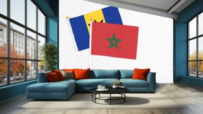 Morocco and Barbados stick flags on white background. High quality fabric, miniature national flag. Peaceful global concept.White floor for copy space. Wall mural