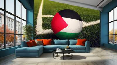 Palestine ball on corner kick position, soccer field background. National football theme on green grass. Wall mural