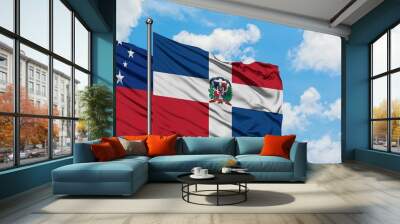 Samoa and Dominican Republic flag waving in the wind against white cloudy blue sky together. Diplomacy concept, international relations. Wall mural