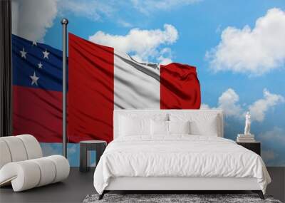 Samoa and Peru flag waving in the wind against white cloudy blue sky together. Diplomacy concept, international relations. Wall mural