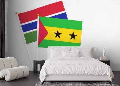 Sao Tome And Principe and Georgia stick flags on white background. High quality fabric, miniature national flag. Peaceful global concept.White floor for copy space. Wall mural