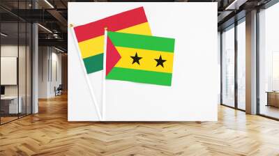 Sao Tome And Principe and Ghana stick flags on white background. High quality fabric, miniature national flag. Peaceful global concept.White floor for copy space. Wall mural