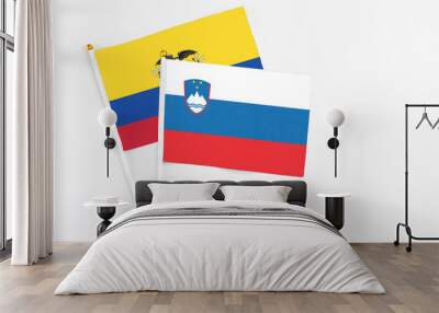 Slovenia and Ecuador stick flags on white background. High quality fabric, miniature national flag. Peaceful global concept.White floor for copy space. Wall mural