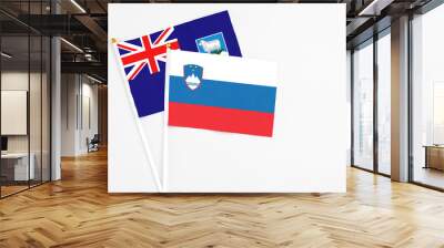 Slovenia and Falkland Islands stick flags on white background. High quality fabric, miniature national flag. Peaceful global concept.White floor for copy space. Wall mural