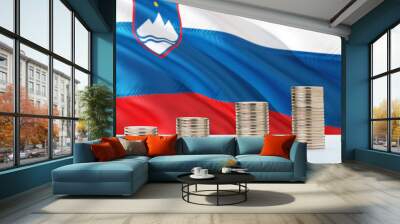 Slovenia flag waving in the background with rows of coins for finance and business concept. Saving money. Wall mural