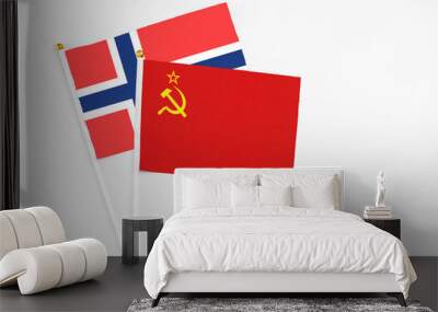 Soviet Union and Bouvet Islands stick flags on white background. High quality fabric, miniature national flag. Peaceful global concept.White floor for copy space. Wall mural