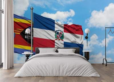 Swaziland and Dominican Republic flag waving in the wind against white cloudy blue sky together. Diplomacy concept, international relations. Wall mural