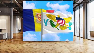 United States Virgin Islands and Andorra national flag waving in the windy deep blue sky. Diplomacy and international relations concept. Wall mural