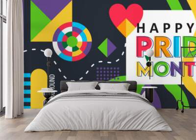 HAPPY PRIDE MONTH abstract background design geometric template. Vector Banner for Gay Pride Month 2024. Flat color rainbow shape Happy Pride Day. Wall mural