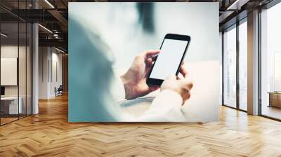 blank smartphone holding in female hand. Wall mural