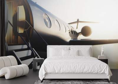 Business private jet airplane parked at terminal. Luxury tourism and business travel transportation concept. Closeup. 3d rendering Wall mural