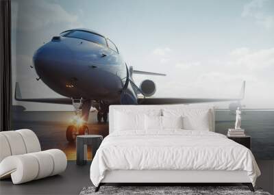 Corporate business class jet airplane parked at airfield and waiting vip persons for take off. Luxury tourism and business travel transportation concept. 3d rendering Wall mural