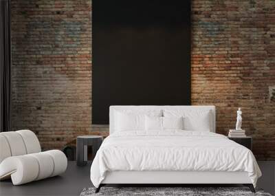 Photo of black empty canvas on the natural brick wall background and vintage classic sofa. 3d render Wall mural