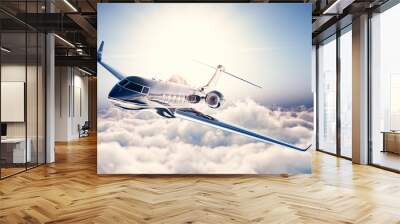 Photo of black luxury generic design private jet flying in blue sky. Huge white clouds and sun at background. Business travel concept. Horizontal. 3d rendering Wall mural