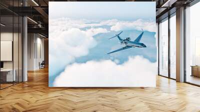 Photo of black luxury generic design private jet flying over the earth. Empty blue sky with white clouds at background. Business travel concept. Horizontal. 3d rendering Wall mural