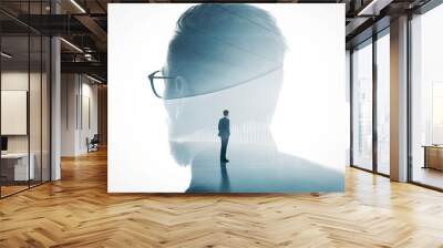 Photo of modern bearded banker wearing glass isolated white. Double exposure stylish adult businessman trendy suit and looking diagram background. Horizontal Wall mural