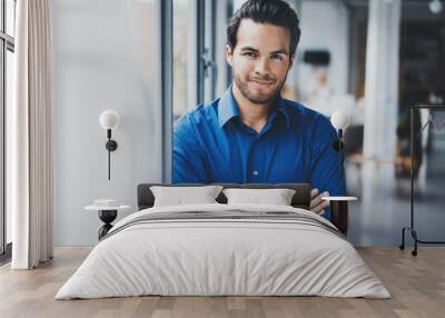 portrait of successful confident hispanic businessman smiling and standing close from the window in  Wall mural