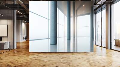 Realistic 3d render of an empty stylish office interior of a modern business center. Open space apartments with panoramic windows on the high floor. real estate business concept. Flare light. Wall mural