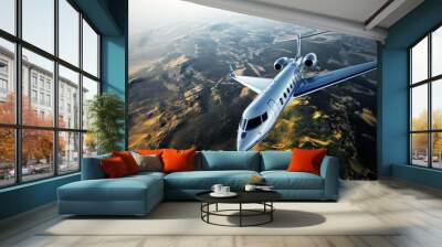 Realistic photo of silver generic design private jet flying over the mountains. Empty blue sky with sun at background. Business Travel by modern luxury aircraft. Horizontal. 3d rendering Wall mural